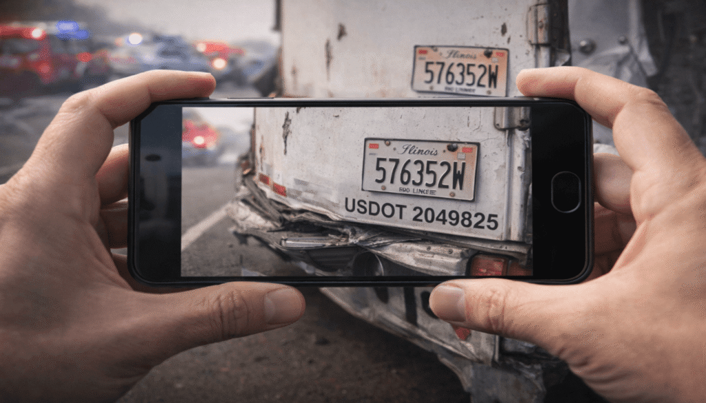 A first-person view of photographing a semi-truck's license plate and DOT number after an accident, a critical immediate step to protect your claim