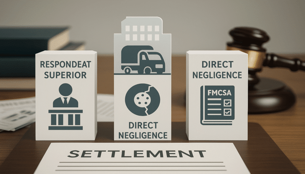 An infographic of three legal pillars for semi-truck accident liability: Respondeat Superior (employer liability), Direct Negligence (company fault), and FMCSA Duties (federal regulations).