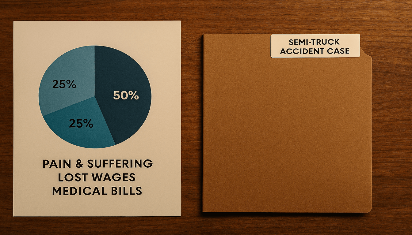 A pie chart from a semi-truck accident case file showing compensation distribution for medical bills, lost wages, and pain and suffering.