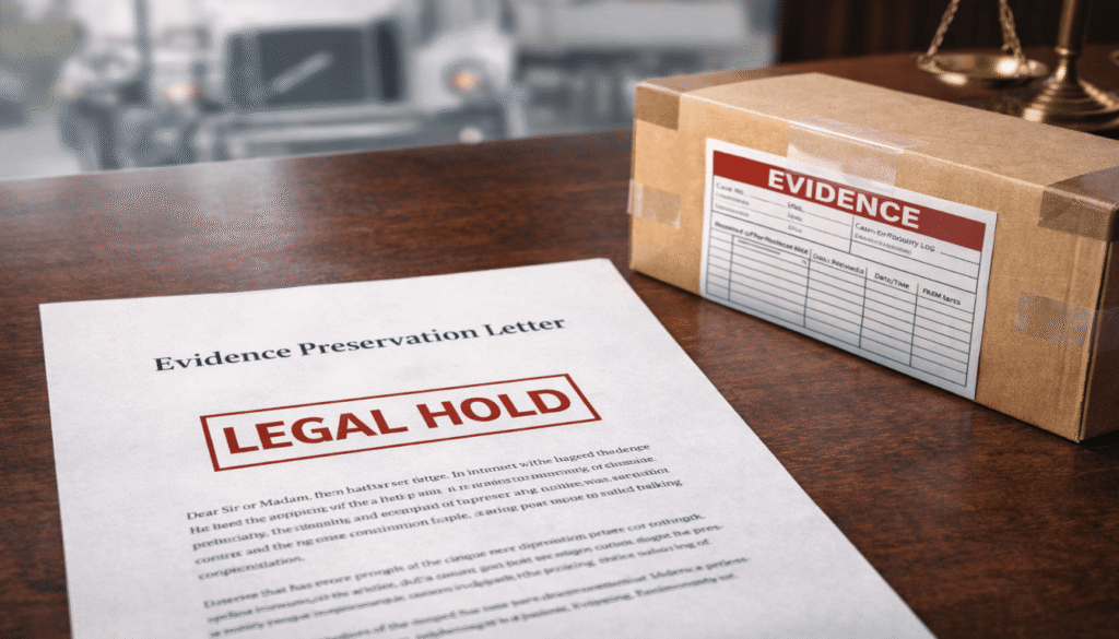 A "Legal Hold" letter and a sealed evidence box with a custody log, symbolizing formal legal tactics to prevent evidence spoliation in truck accident claims.