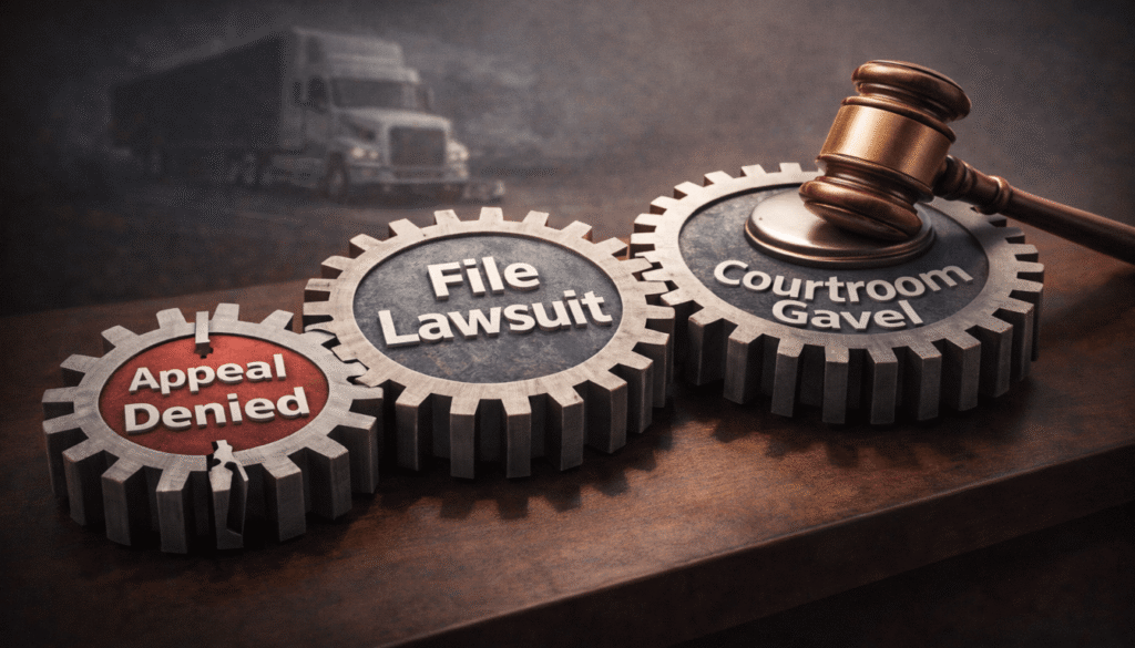 A gear mechanism showing the legal strategy progression from a denied appeal to filing a lawsuit and finally to court action for a semi-truck accident claim.
