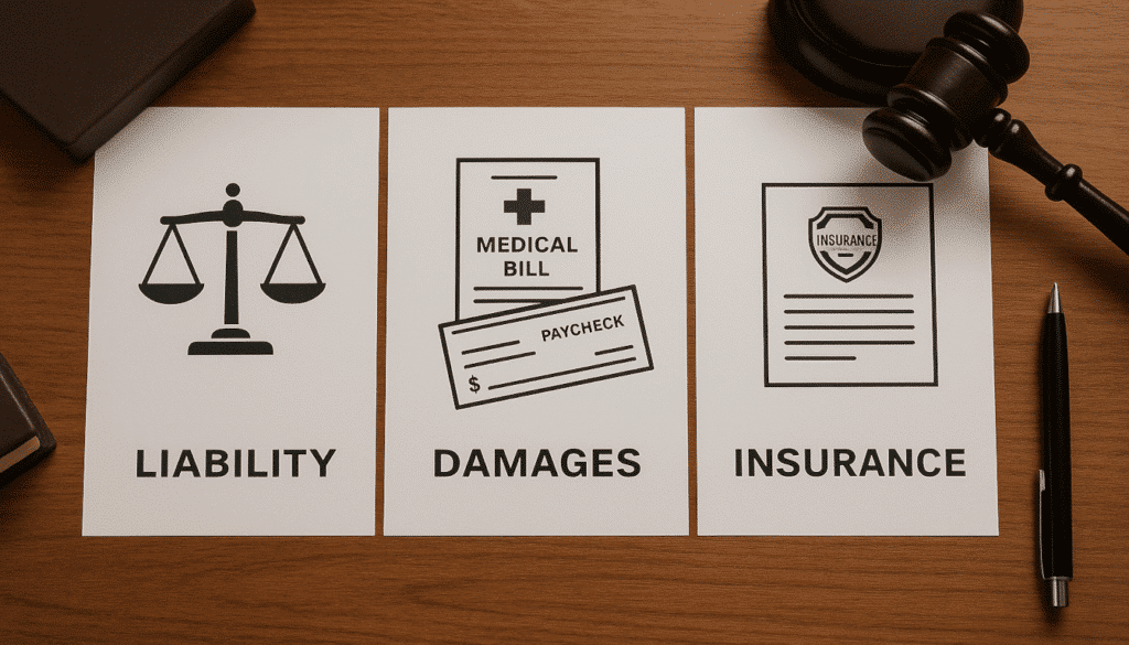 An infographic breaking down the three key components of a semi-truck accident claim: liability (fault), damages (losses), and insurance (recovery).