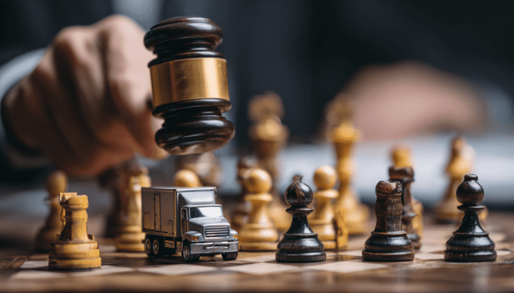 A judge's hand holding a gavel over a semi-truck on a chessboard, symbolizing how legal authority and proper case valuation are key to maximizing a settlement.