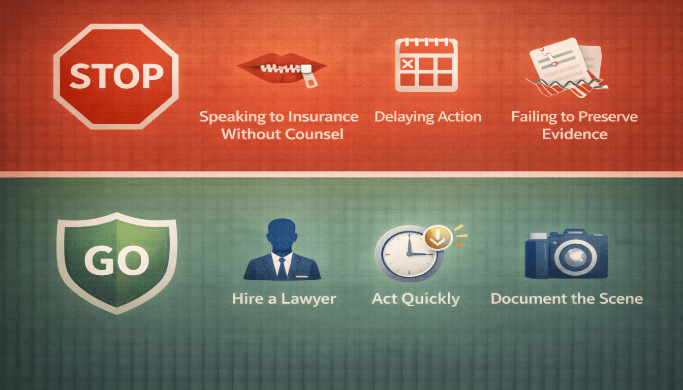 A split graphic showing common "STOP" mistakes and protective "GO" actions to take after a semi-truck accident.