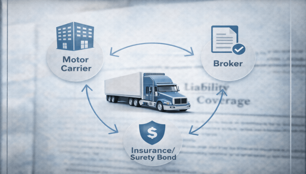 A business diagram linking a semi-truck to a motor carrier, broker, and insurance bond, showing entities involved in accident recovery.