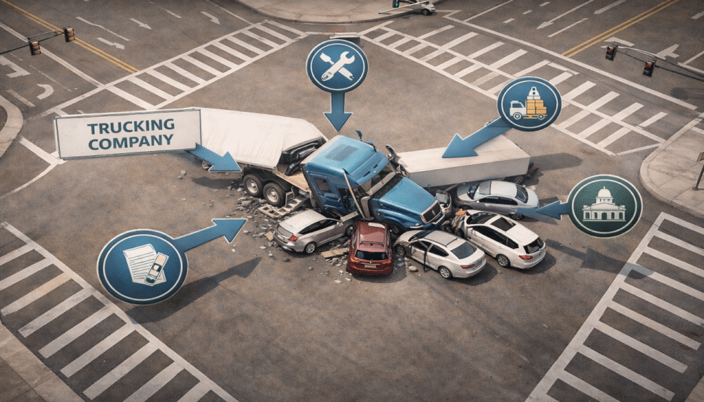 An aerial diagram of a complex multi-vehicle semi-truck accident with arrows assigning liability to different parties like the trucking company, mechanic, cargo loader, and government.