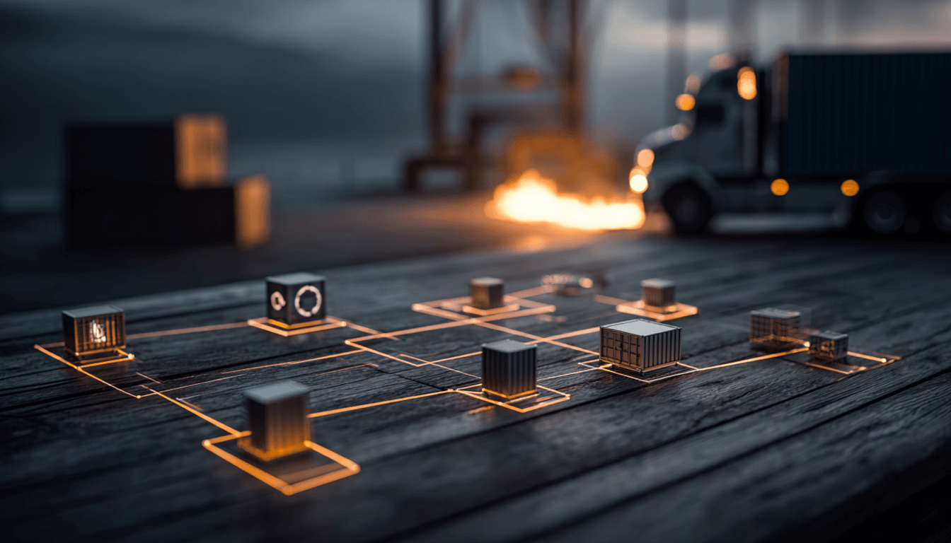 Diagram showing multi-party liability in a semi-truck accident, with lines connecting the crash to the trucking company, driver, manufacturer, and cargo loaders.