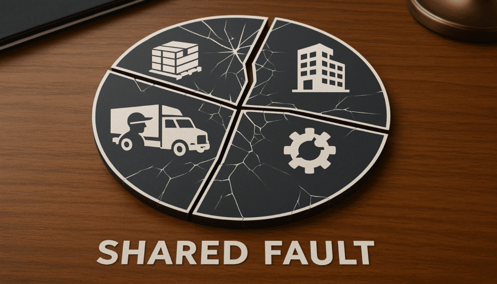 A shattered pie chart with icons for driver, company, manufacturer, and cargo loader, symbolizing how fault can be shared among multiple parties in a semi-truck accident.