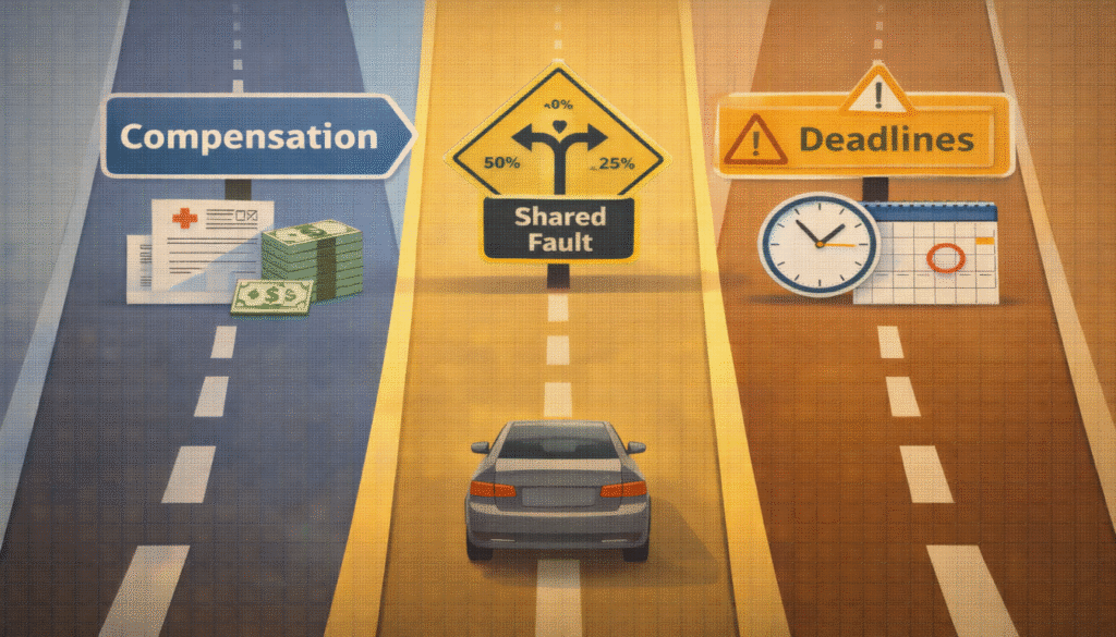 A three-lane navigational graphic with signs for compensation, shared fault, and deadlines, relevant to semi-truck accident claims.
