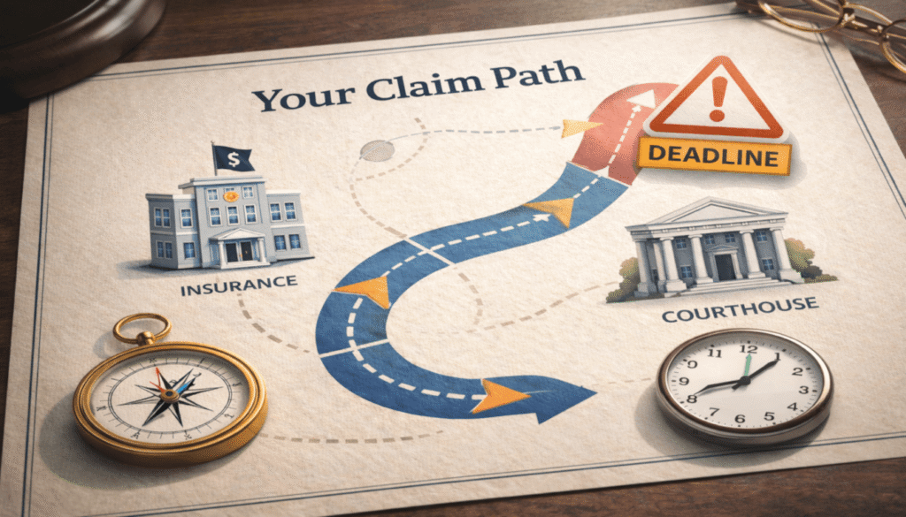 A conceptual map showing a path past insurance and lawsuit icons with a deadline warning, symbolizing the navigation of critical timelines in a claim.
