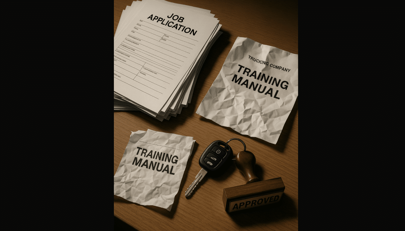 A desk with unchecked job applications and an incomplete training manual next to an "APPROVED" stamp and semi-truck keys, symbolizing negligent hiring and training by a semi-truck company.