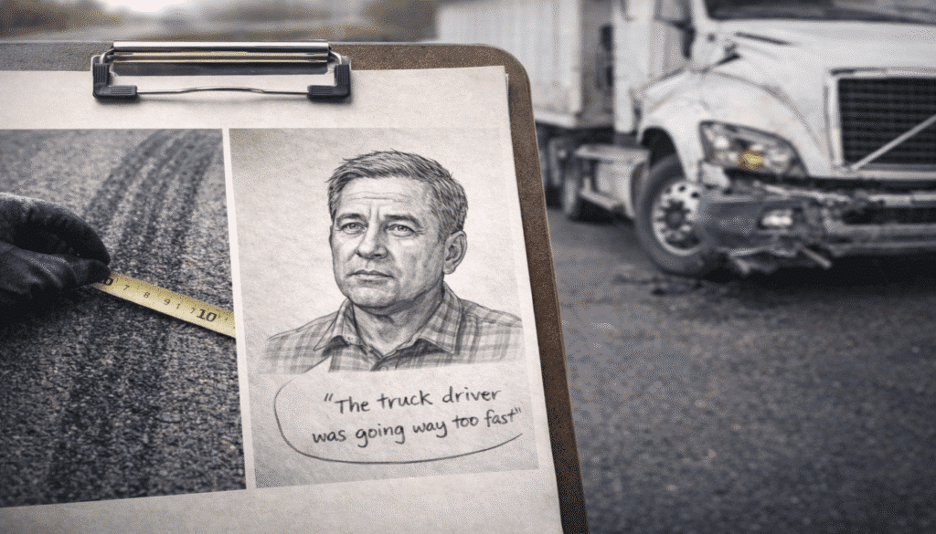 An investigator's clipboard comparing physical evidence (a skid mark) with witness testimony, key components in a semi-truck accident investigation.