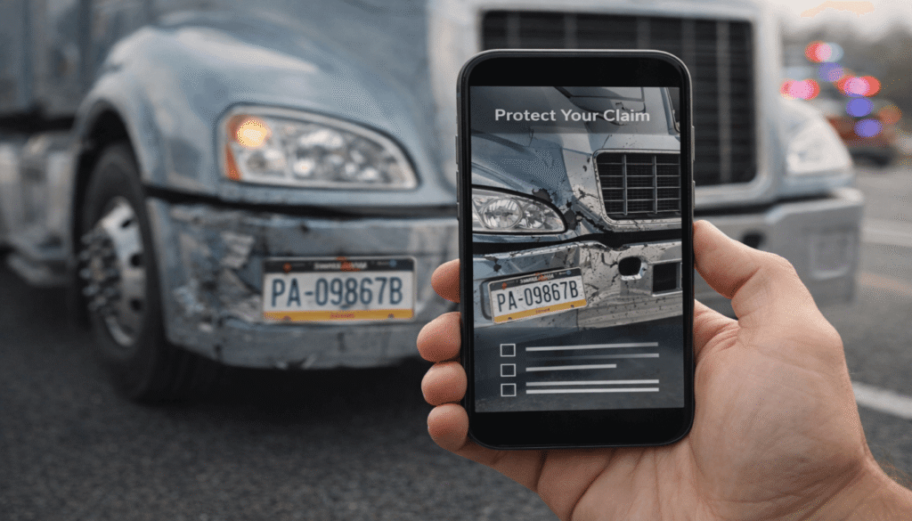A person using a smartphone to photograph a semi-truck's license plate and damage after an accident, a critical first step to protect a legal claim.