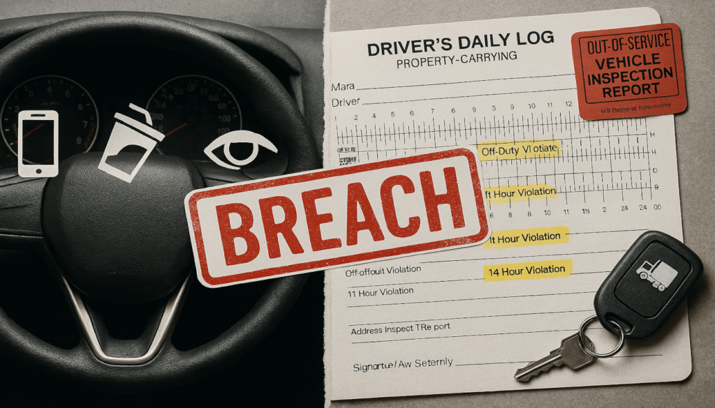 A flat lay showing evidence of unsafe driving next to FMCSA logbook violations for a semi-truck accident case, connected by a "BREACH" stamp.