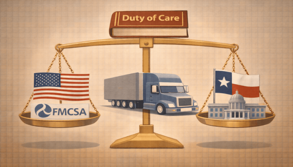 A scales of justice graphic balancing federal (FMCSA) and state regulations, with a semi-truck at the center, representing the duty of care.