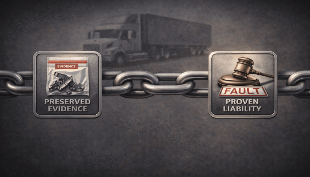 A chain linking preserved evidence to proven liability, symbolizing how securing key proof is essential to winning a semi-truck accident case.