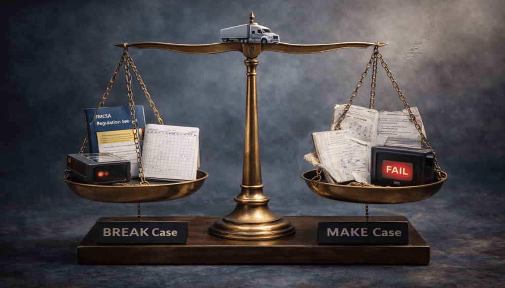 A scale weighing pristine FMCSA records and black box data against falsified logs and violations, determining the strength of a semi-truck accident case.