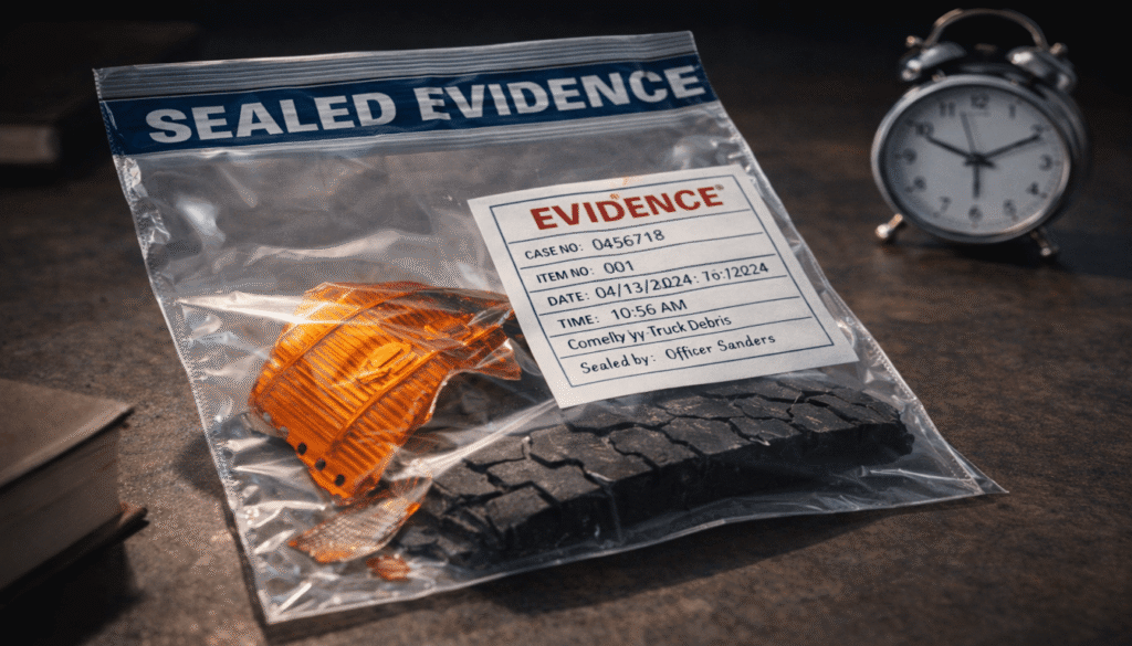 A time-stamped evidence bag containing broken truck parts, symbolizing the urgent need to secure and preserve physical evidence before it is lost or destroyed.
