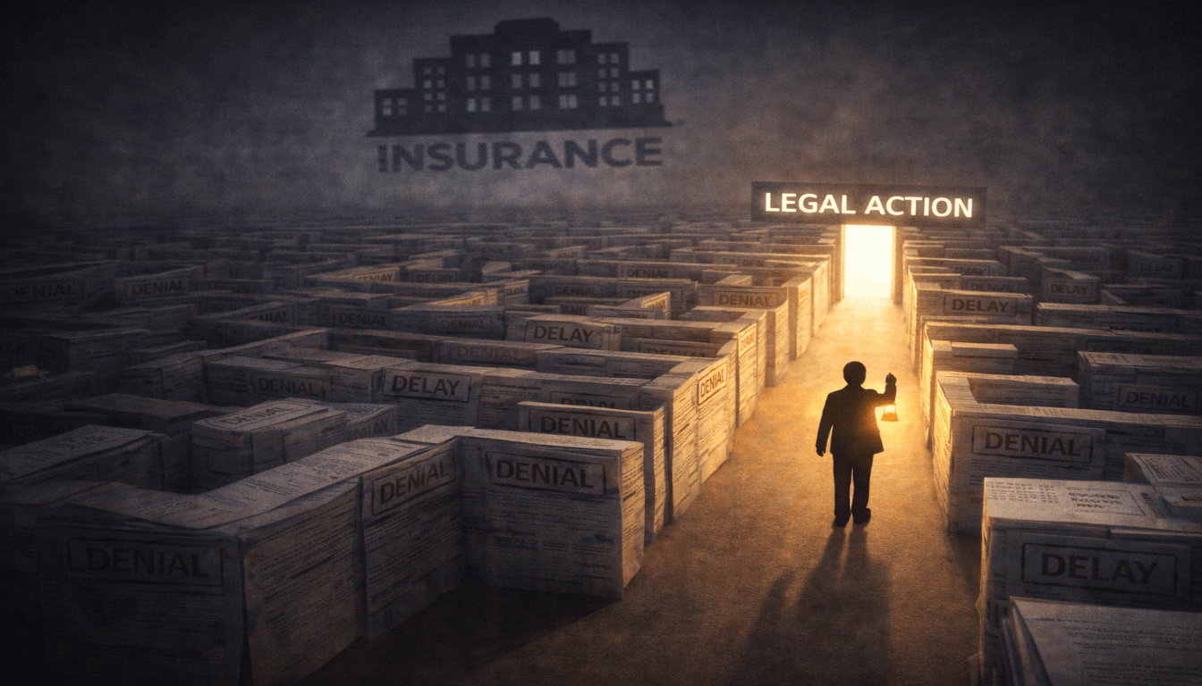 A person finding a way out of a maze made of insurance denial letters, symbolizing the struggle and solution for delayed or denied semi-truck accident claims.