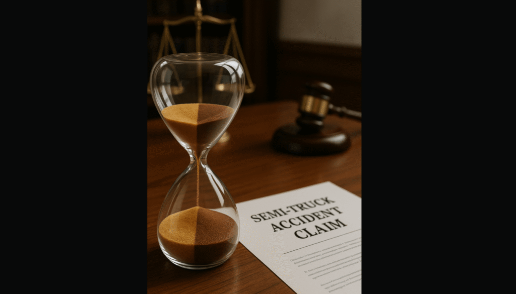 An hourglass with two-colored sand mixing together, symbolizing comparative negligence and the strict time limit for filing a semi-truck accident claim.