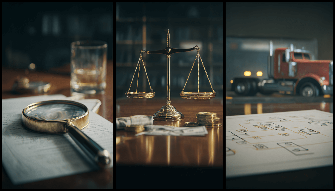 A conceptual triptych for semi-truck accident law: a magnifying glass for liability, scales of justice for compensation, and a flowchart for case building.