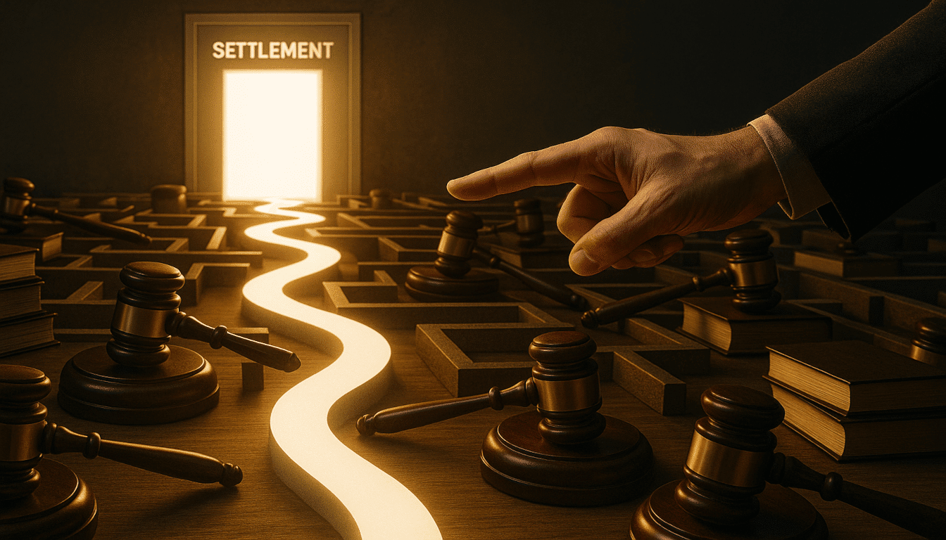A path through a maze of legal obstacles leading to a "Settlement" doorway, symbolizing the journey of a semi-truck accident lawsuit