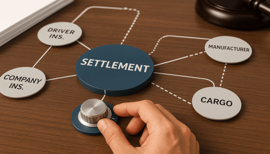 A network diagram mapping the insurance and settlement dynamics between multiple parties in a complex semi-truck accident case.