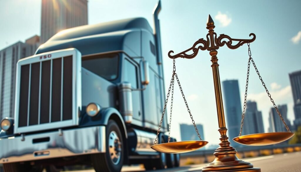 A semi-truck parked next to the scales of justice with a corporate high-rise in the background, symbolizing the legal accountability of trucking companies.