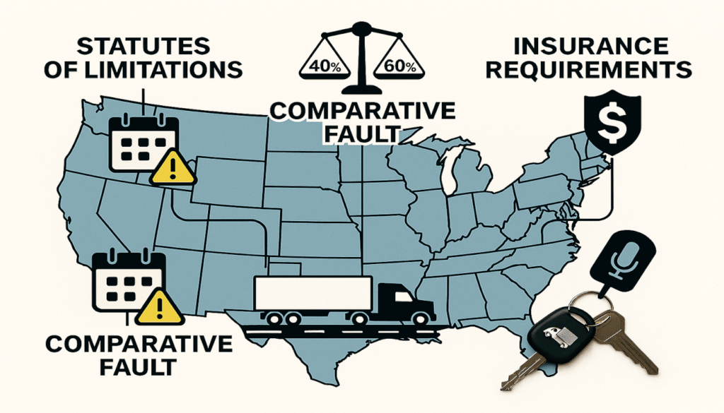 A U.S. map graphic with icons for statutes of limitations, comparative fault, and insurance requirements, highlighting legal variations for semi-truck accidents.


