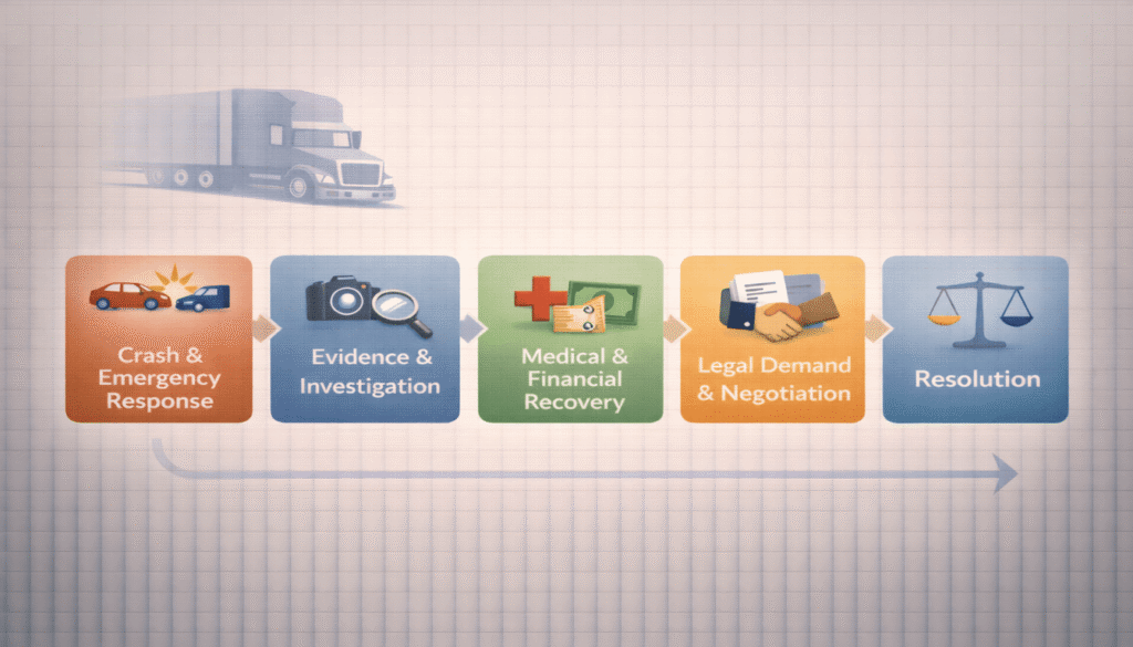 A horizontal flowchart showing the five key legal steps after a semi-truck accident, from crash to resolution.