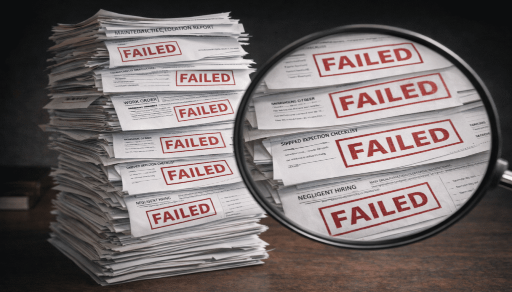 A stack of company records with repeated violations, showing how maintenance and inspection logs are used to prove a trucking company's fault.