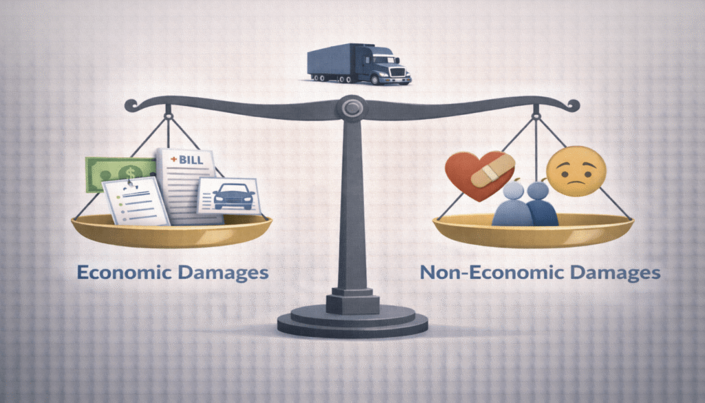 A balanced scales graphic showing economic and non-economic damage types available in semi-truck accident cases.