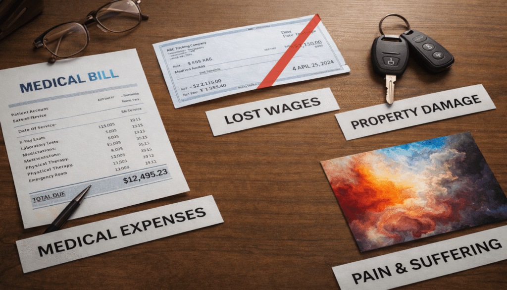 A flat lay showing categories of damages in a semi-truck accident case: medical bills, lost wages, property damage, and symbols for pain and suffering.