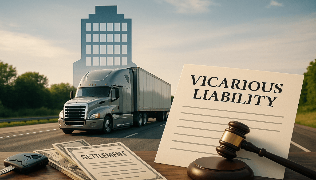 A corporate building silhouette enveloping a semi-truck, symbolizing the legal doctrine of vicarious liability where the trucking company is responsible for its driver's actions.