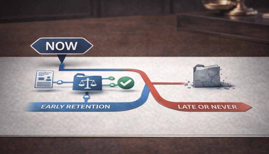 A timeline showing the decision to retain expert witnesses early to build a strong semi-truck accident case versus the consequence of waiting.