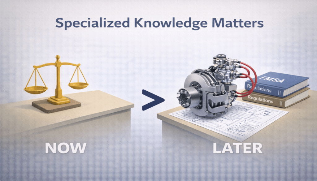 Infographic comparing generic legal knowledge to specialized expertise in semi-truck mechanics and regulations.