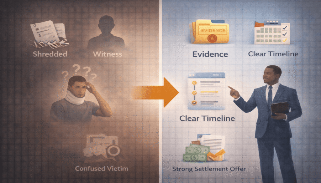 A split graphic contrasting a chaotic, unguided scene with an organized, lawyer-guided scene for a semi-truck accident case.