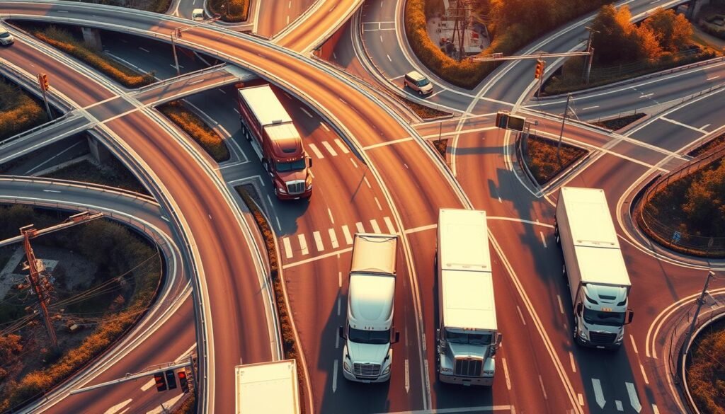 A complex road network with semi-trucks, symbolizing the intricate web of federal regulations that determine driver liability after an accident.