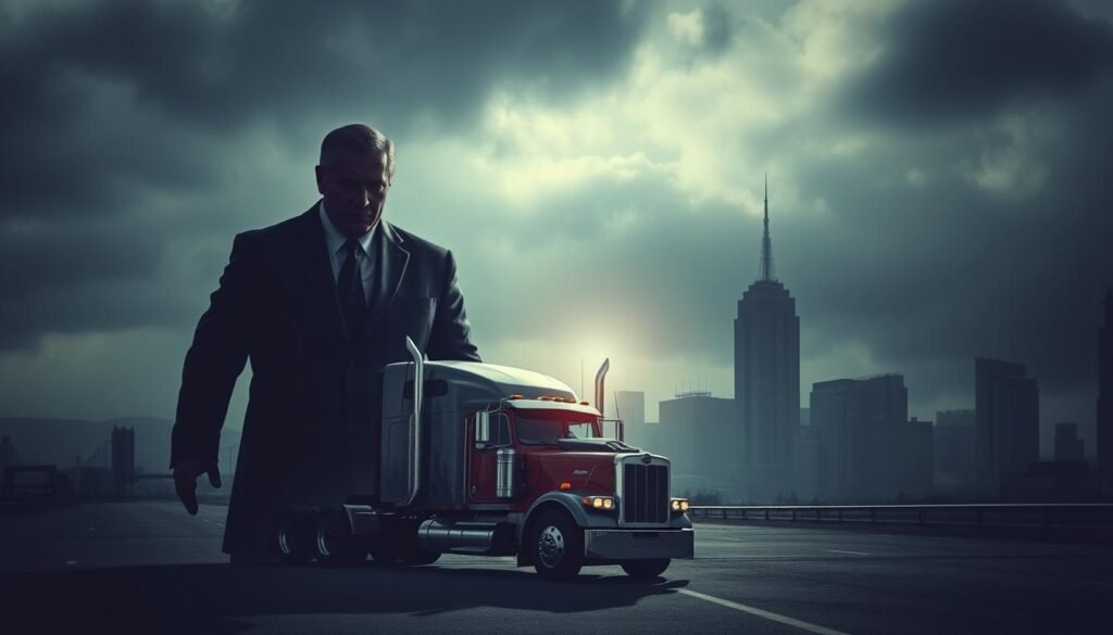A looming figure casts a dark shadow over a wrecked semi-truck, symbolizing bad faith insurance pressure.