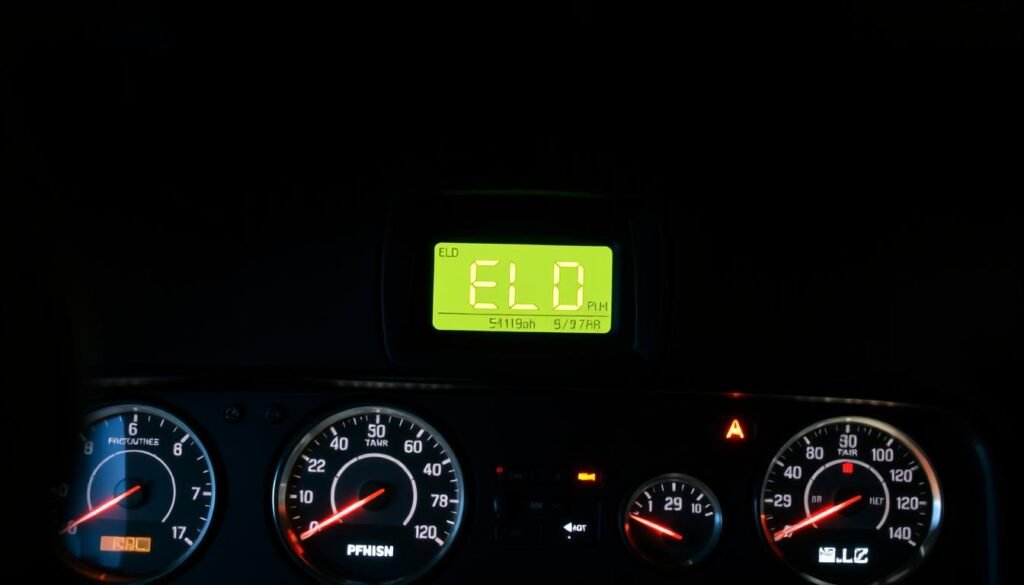 A close-up of a semi-truck dashboard showing an electronic logging device (ELD), a key tool for monitoring compliance and a source of evidence for driver fatigue in accident cases.