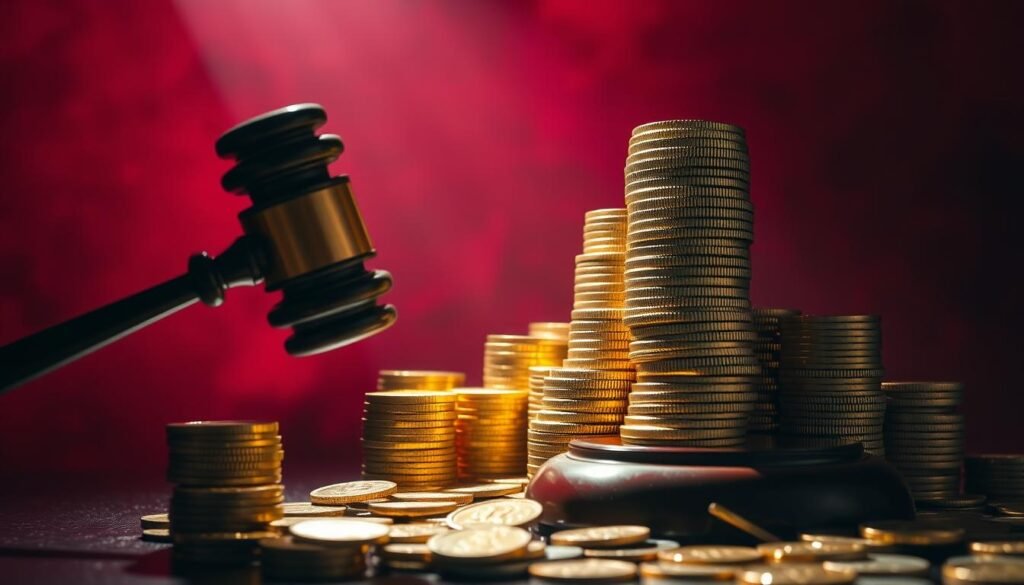 A gavel striking down in front of a towering stack of coins, symbolizing the severe financial penalty of punitive damages for a trucking company's egregious misconduct in a semi-truck accident case.