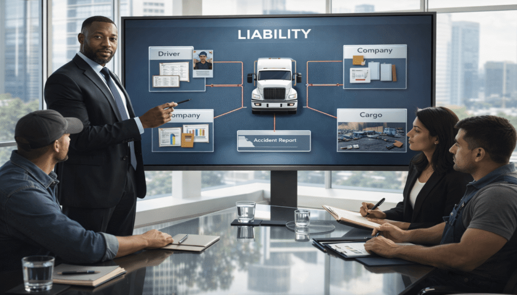 A Black male lawyer in a bright, modern office presenting a liability analysis to a diverse group in a semi-truck accident case.

