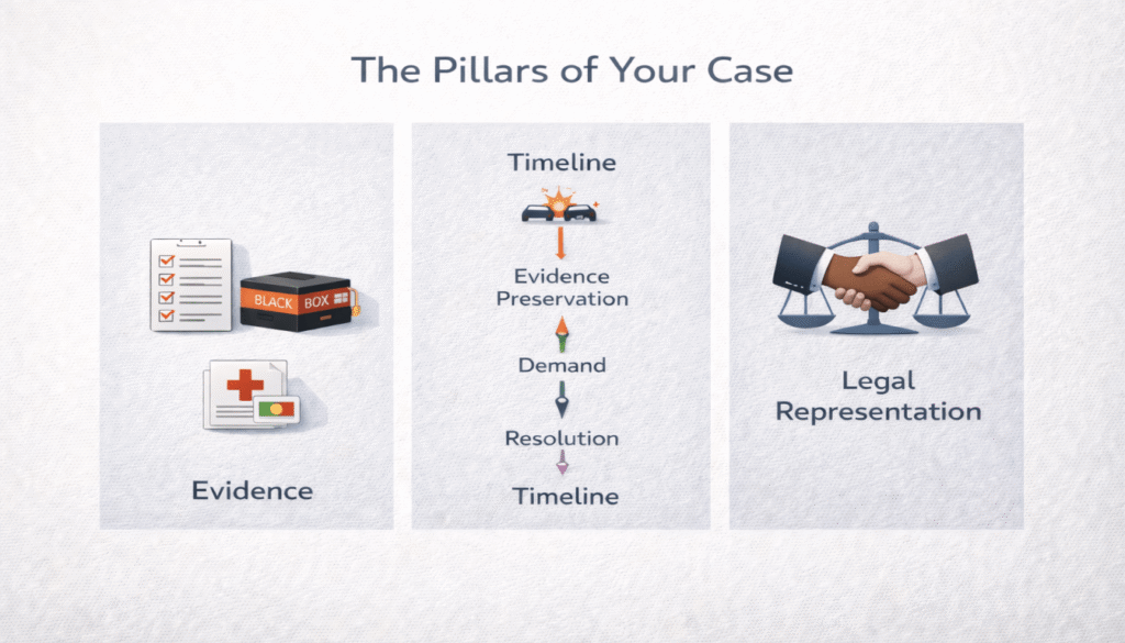 A three-pillar infographic for building a strong semi-truck accident case, showing evidence, timelines, and legal representation.