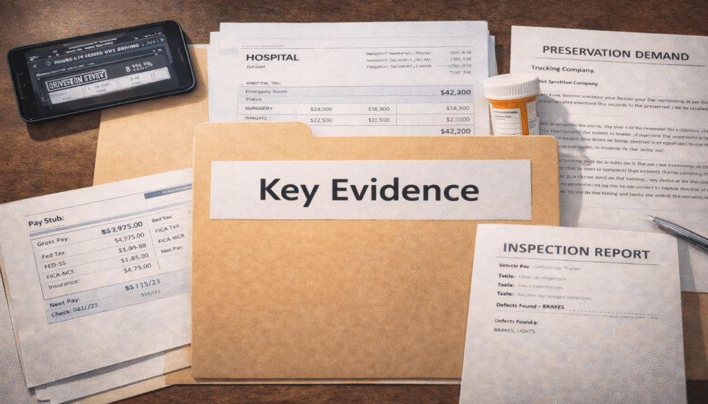 An organized collection of key evidence to build a semi-truck accident case: ELD data, medical bills, pay stubs, and a preservation letter.