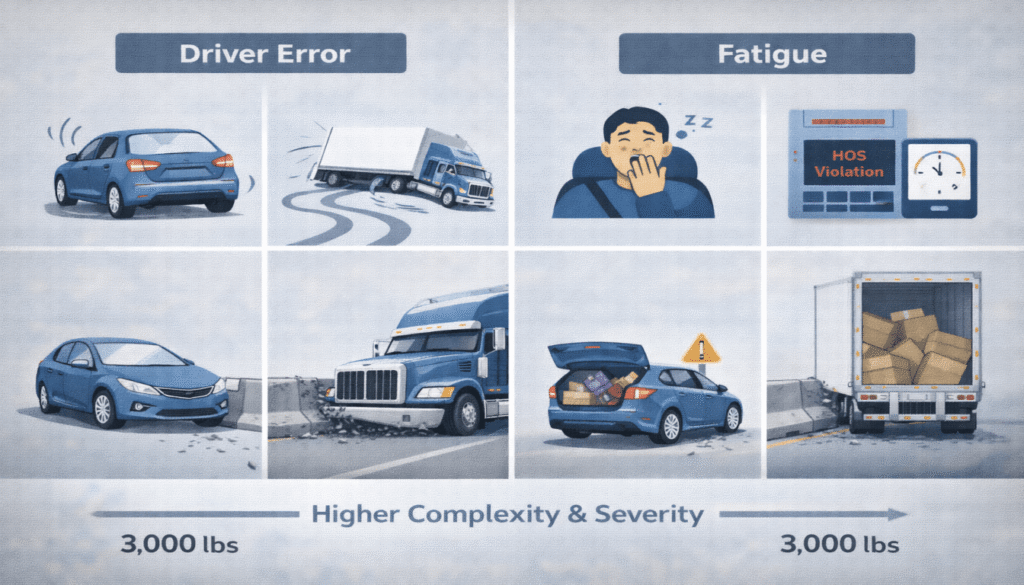 Infographic comparing four common accident causes for semi-trucks and cars: driver error, fatigue, maintenance, and loading.