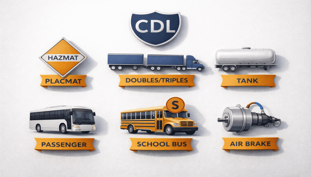 A detailed collection of Commercial Driver's License (CDL) endorsement symbols and icons.