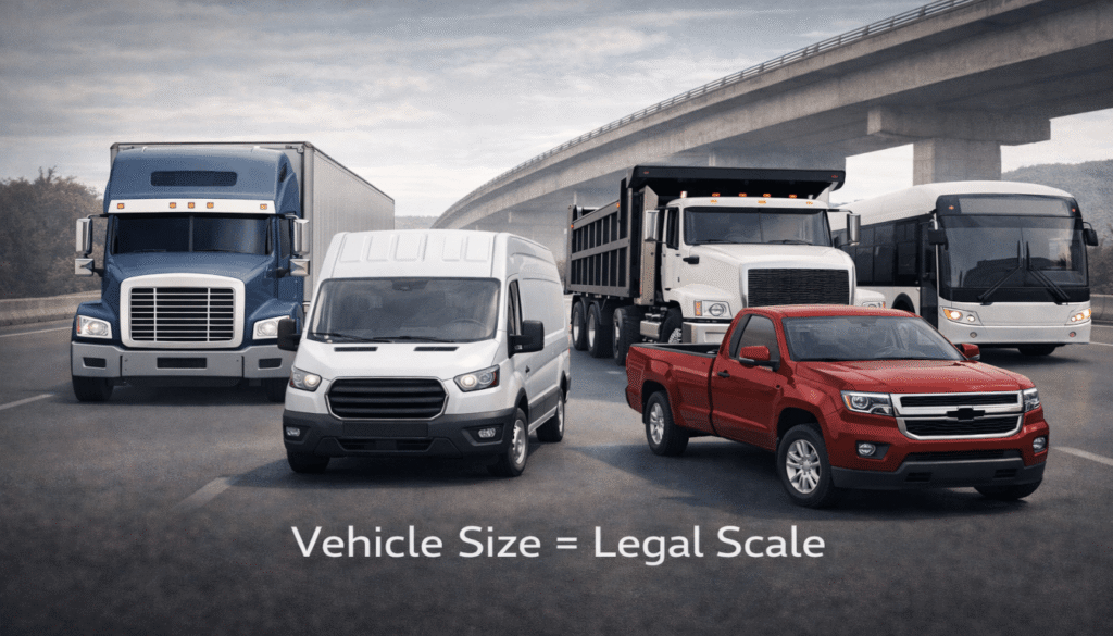 Detailed side-by-side comparison of commercial vehicle weight classes, from pickup trucks to semi-trucks, on a highway.