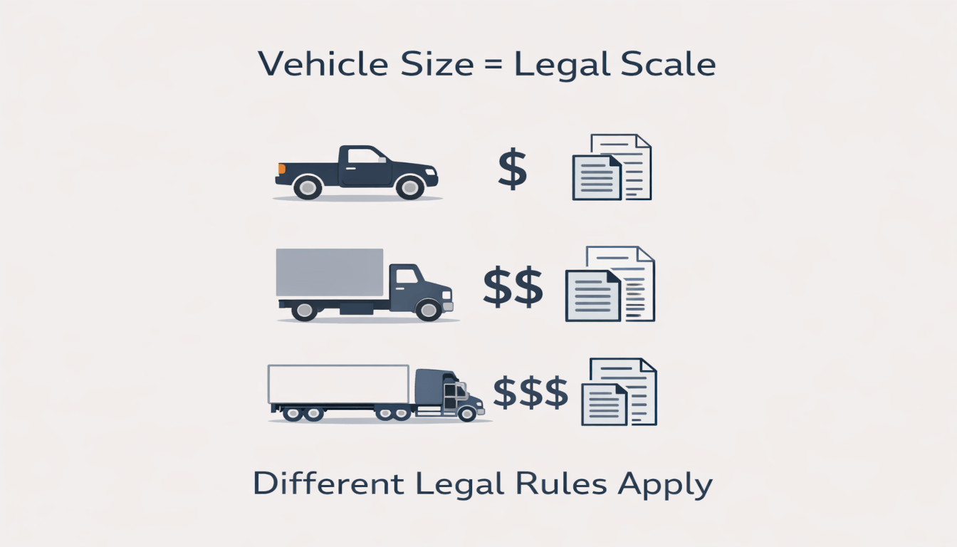 Infographic comparing commercial vehicle classes, culminating with a semi-truck, showing how size impacts liability and compensation in accident cases.