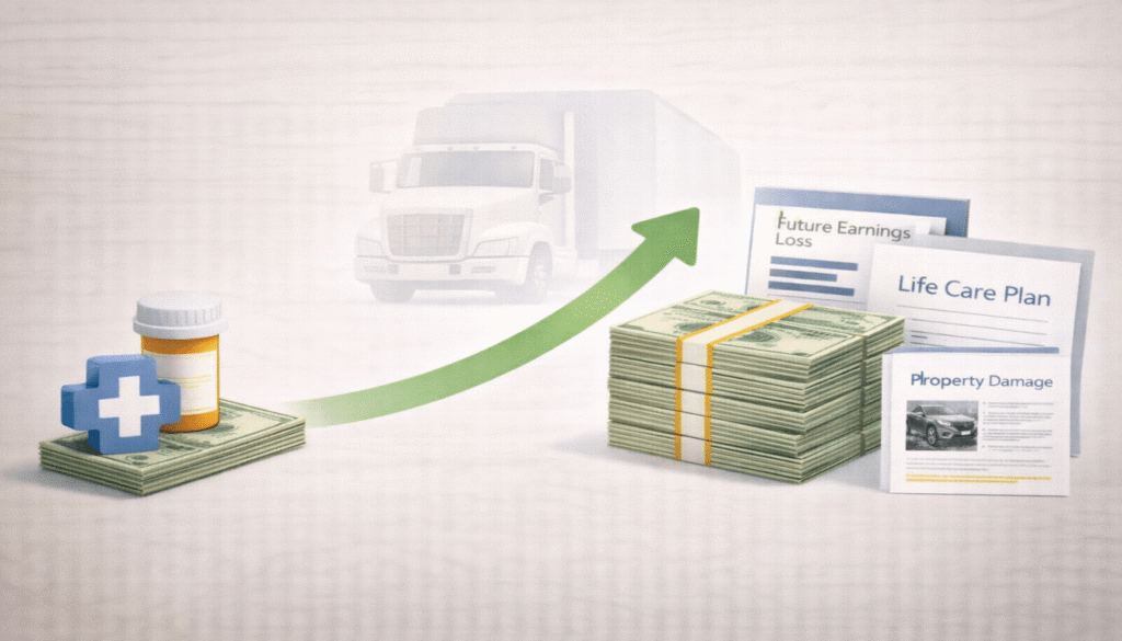 An infographic flat lay comparing basic medical costs to a full valuation of future losses and damages in a semi-truck accident case.