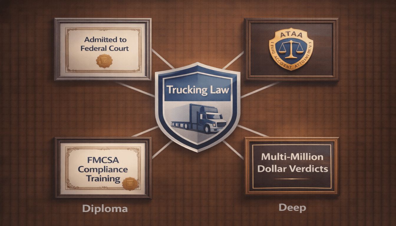 A display of legal credentials including federal court admission, trucking law association membership, and FMCSA training, signifying a semi-truck accident law focus.